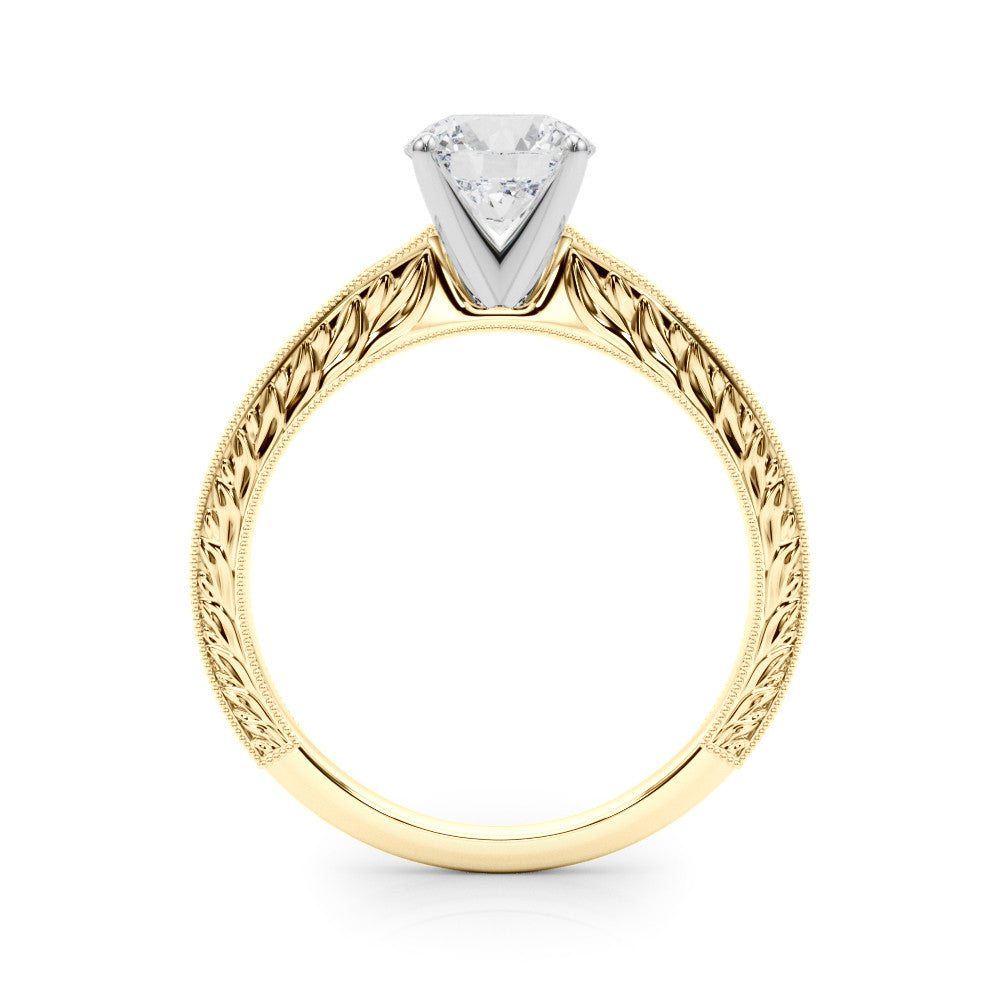 Yellow gold Round Solitaire Milgrain Engraved Band with Four-Prong Setting