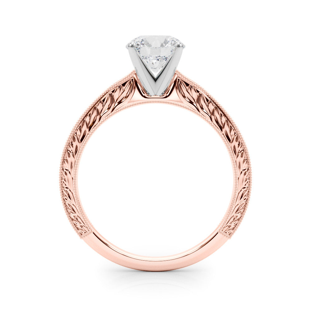 Rose gold Round Solitaire Milgrain Engraved Band with Four-Prong Setting