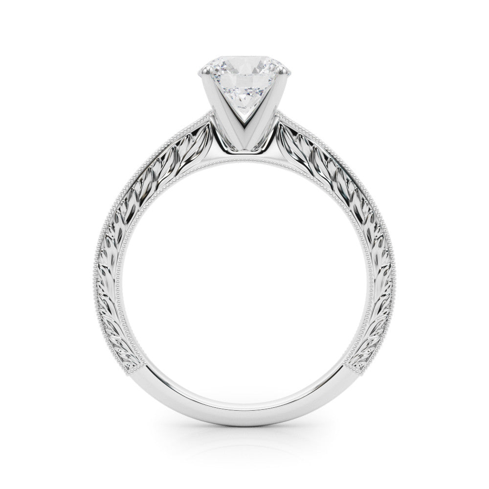 White gold Round Solitaire Milgrain Engraved Band with Four-Prong Setting