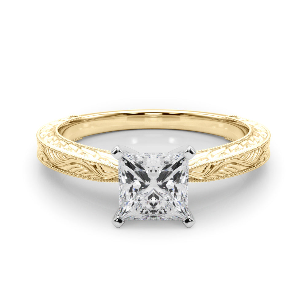 Yellow gold Princess Solitaire Milgrain Engraved Band with Four-Prong Setting