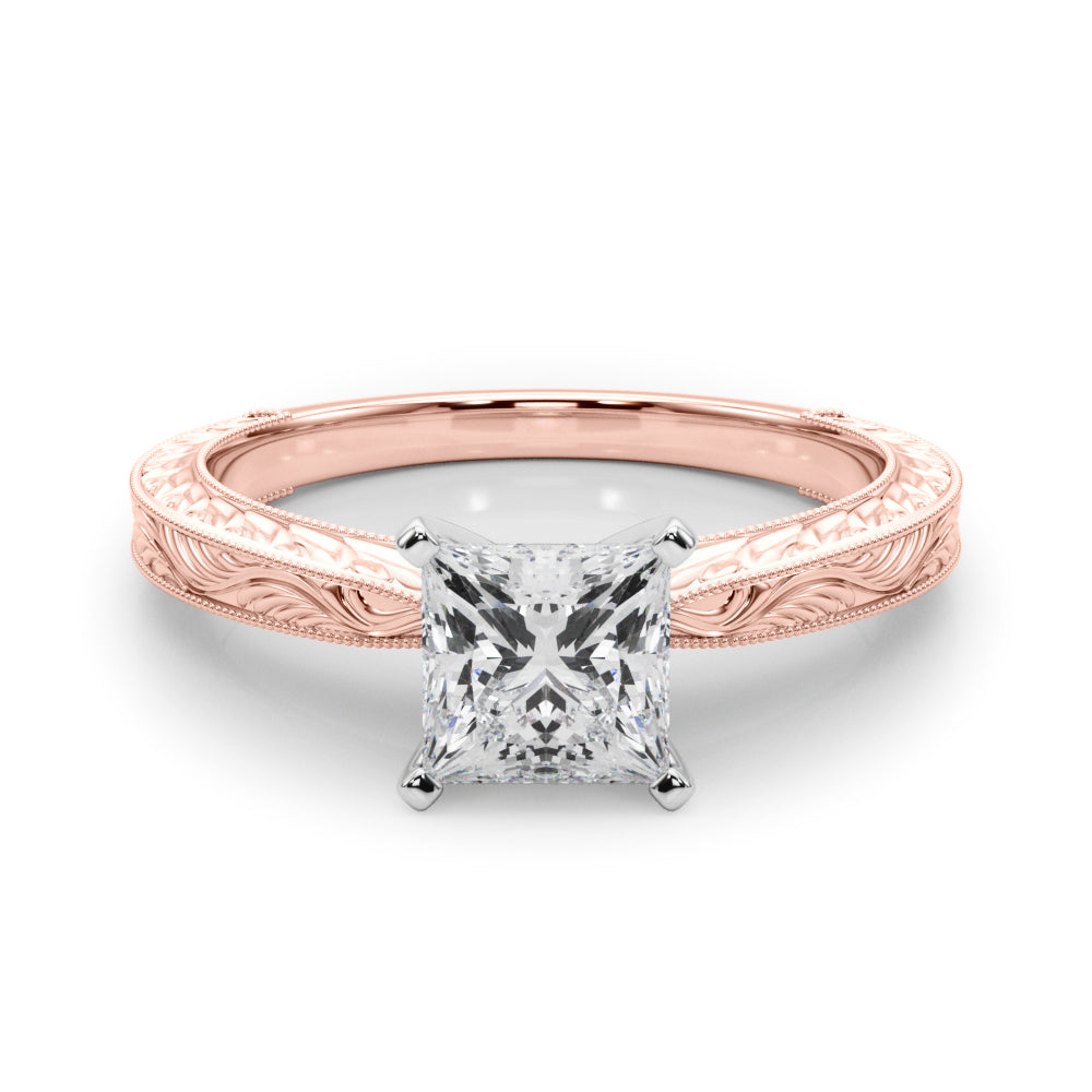 Rose gold Princess Solitaire Milgrain Engraved Band with Four-Prong Setting