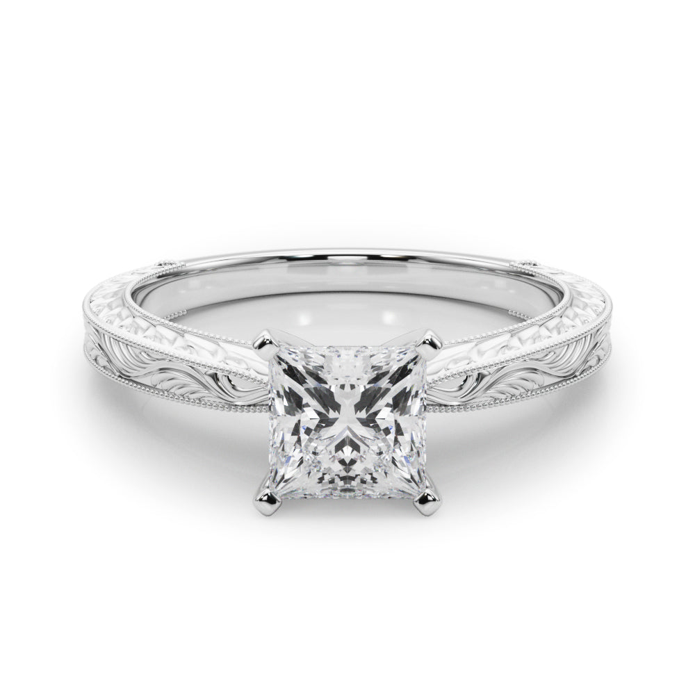 Platinum Princess Solitaire Milgrain Engraved Band with Four-Prong Setting