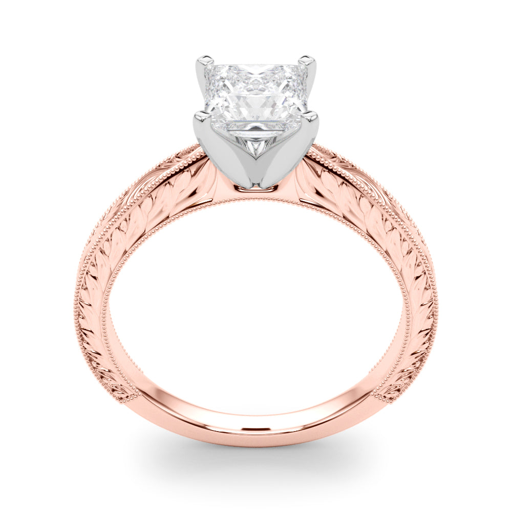 Rose gold Princess Solitaire Milgrain Engraved Band with Four-Prong Setting