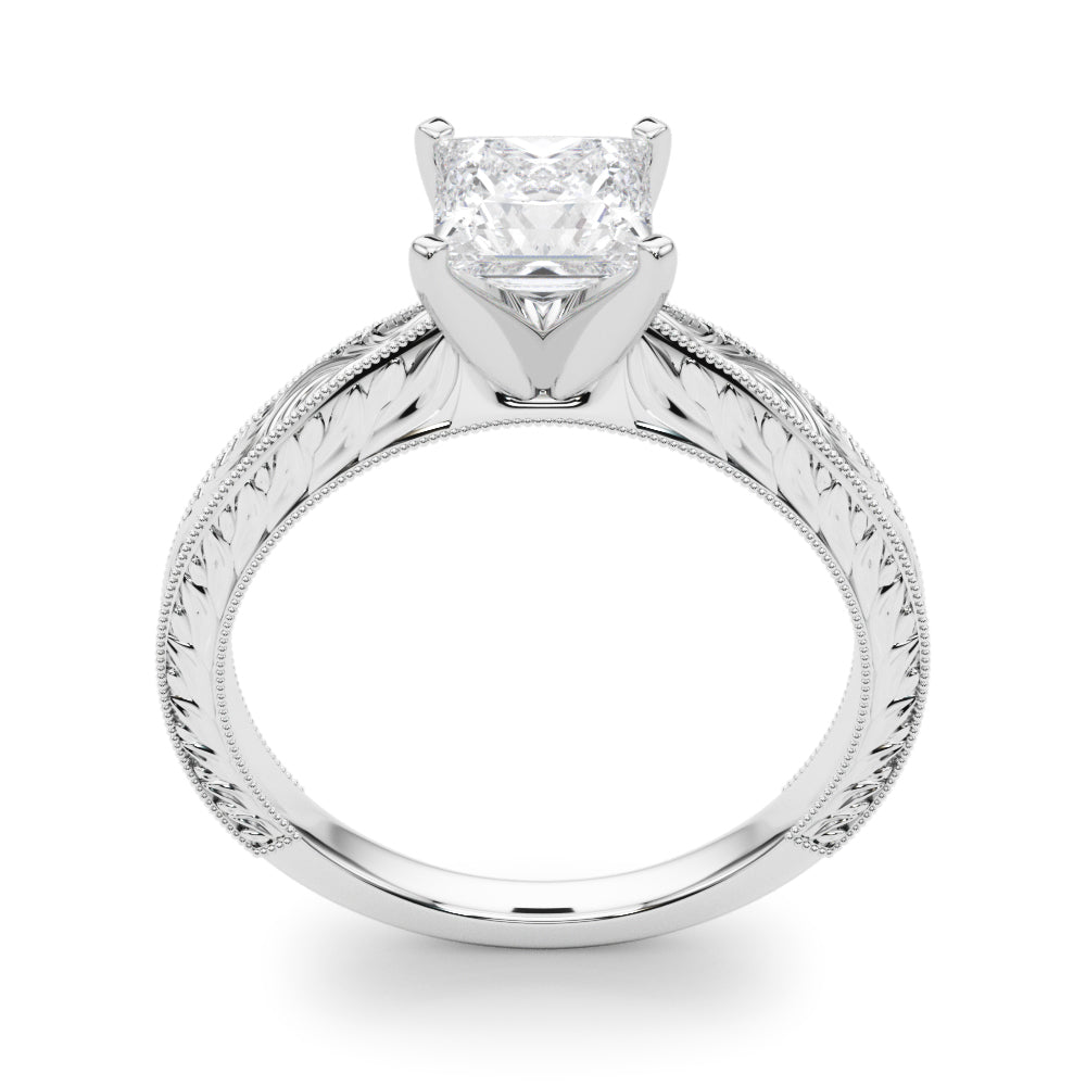 Platinum Princess Solitaire Milgrain Engraved Band with Four-Prong Setting