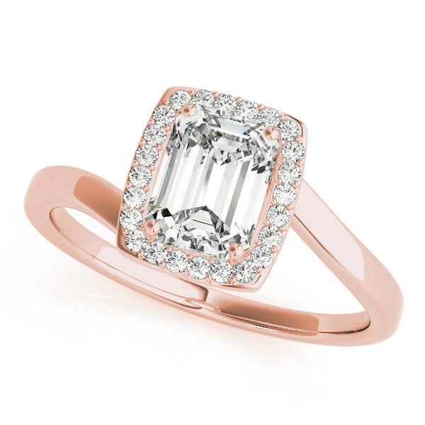 Rose gold Emerald Cut Halo Solitaire Ring with Channel Band and Four-Prong Setting