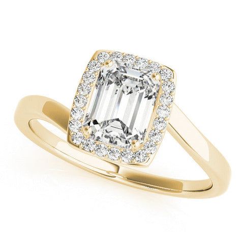 Yellow gold Emerald Cut Halo Solitaire Ring with Channel Band and Four-Prong Setting