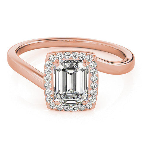 Rose gold Emerald Cut Halo Solitaire Ring with Channel Band and Four-Prong Setting