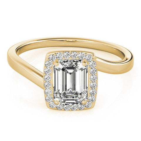 Yellow gold Emerald Cut Halo Solitaire Ring with Channel Band and Four-Prong Setting