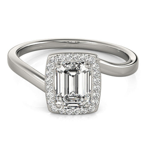 Platinum Emerald Cut Halo Solitaire Ring with Channel Band and Four-Prong Setting
