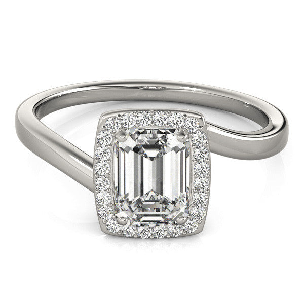 White gold Radiant Cut Halo Solitaire Ring with Channel Band and Four-Prong Setting