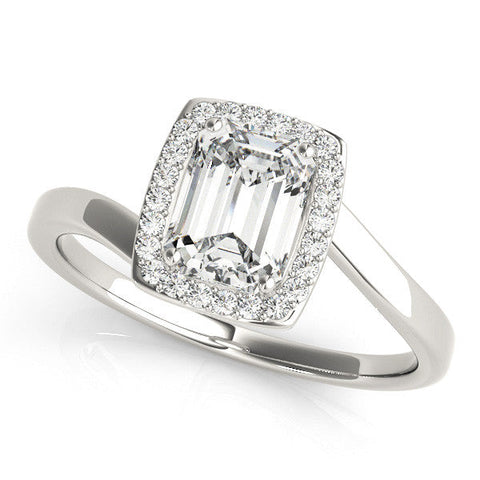 White gold Emerald Cut Halo Solitaire Ring with Channel Band and Four-Prong Setting