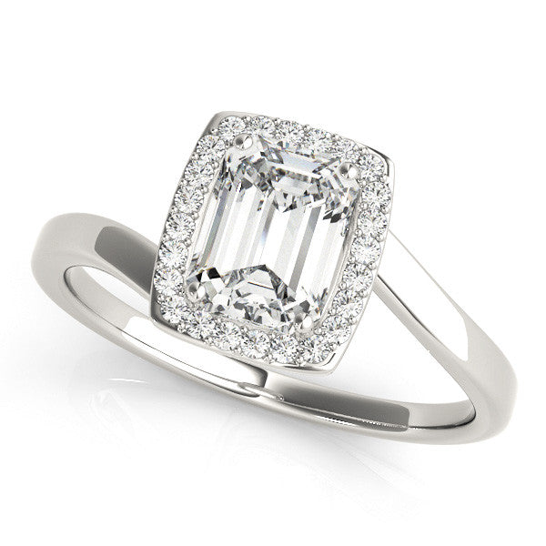 Platinum Emerald Cut Halo Solitaire Ring with Channel Band and Four-Prong Setting
