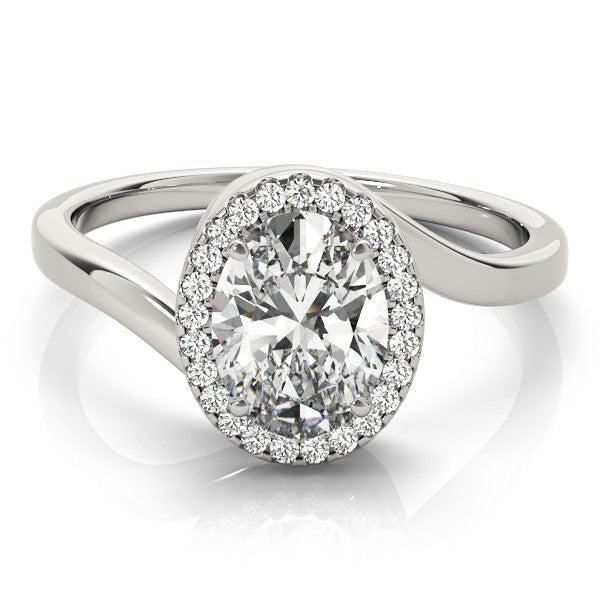 White gold Oval Halo Solitaire Diamond Ring with Split Shank and Prong Setting