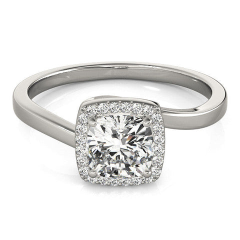 Silver Cushion Halo Solitaire Engagement Ring with Round Diamond and Four-Prong Setting