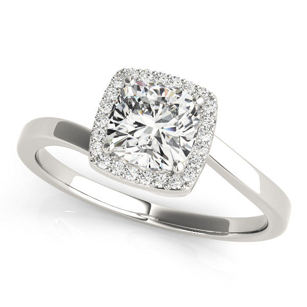 Platinum Cushion Halo Solitaire Engagement Ring with Round Diamond and Four-Prong Setting
