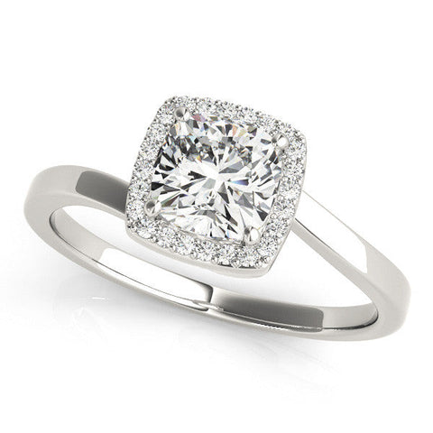 White gold Cushion Halo Solitaire Engagement Ring with Round Diamond and Four-Prong Setting