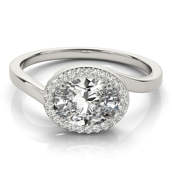 White gold Oval Halo Diamond Engagement Ring with Solitaire Band and Four-Prong Setting