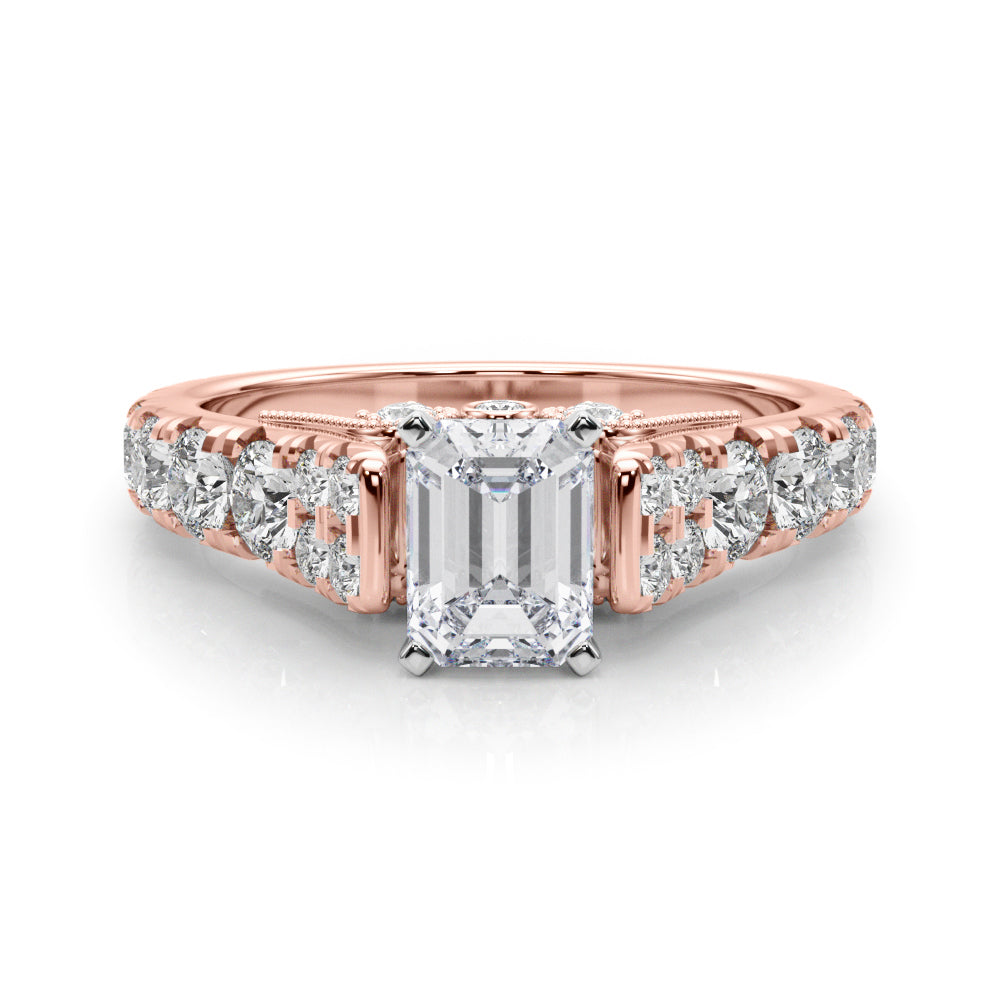 Rose gold Emerald Cut Diamond Pavé Band Solitaire with Four-Prong Setting
