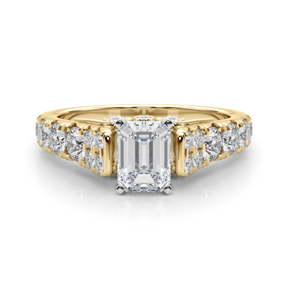 Yellow gold Emerald Cut Diamond Pavé Band Solitaire with Four-Prong Setting