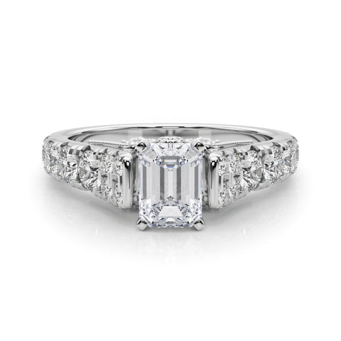 Silver Emerald Cut Diamond Pavé Band Solitaire with Four-Prong Setting