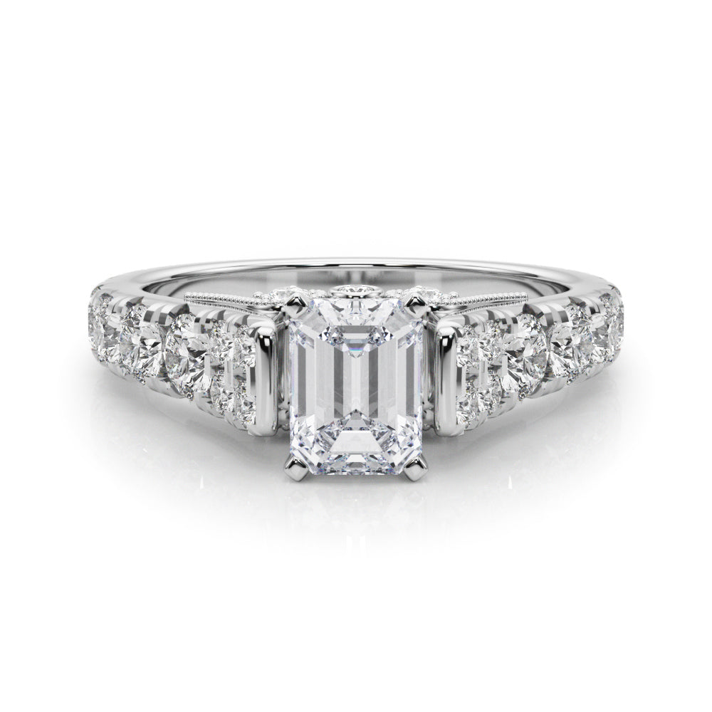 White gold Emerald Cut Diamond Pavé Band Solitaire with Four-Prong Setting