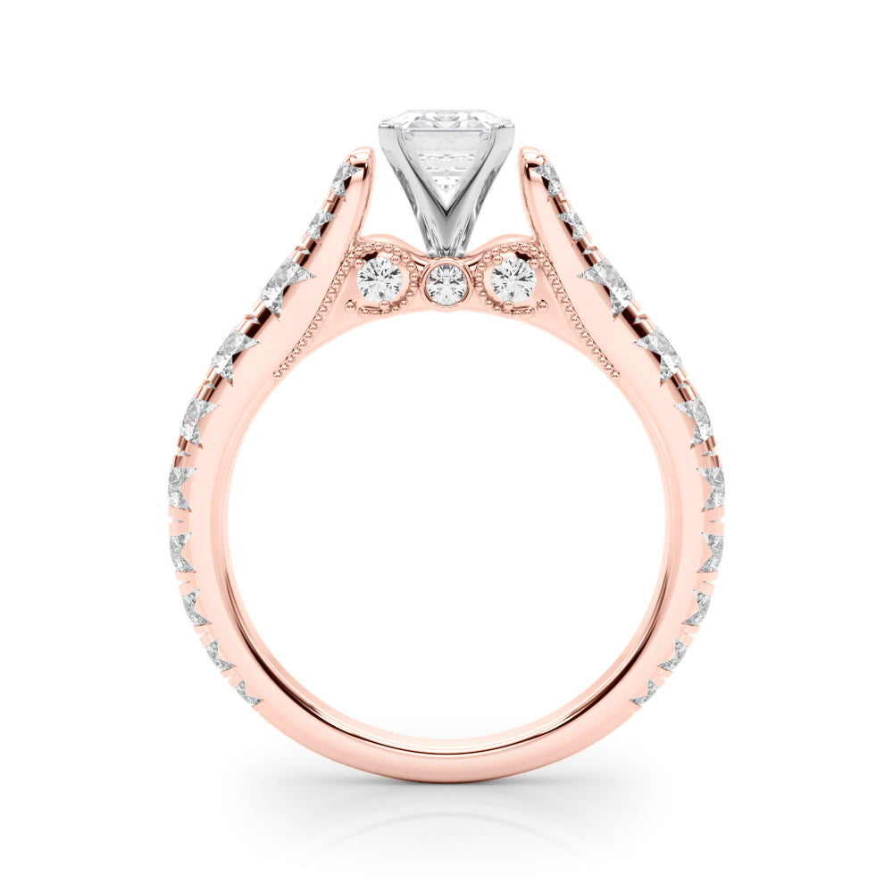 Rose gold Emerald Cut Diamond Pavé Band Solitaire with Four-Prong Setting