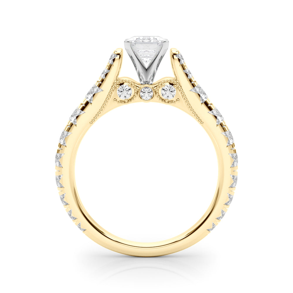 Yellow gold Emerald Cut Diamond Pavé Band Solitaire with Four-Prong Setting
