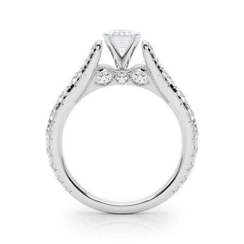 Silver Emerald Cut Diamond Pavé Band Solitaire with Four-Prong Setting