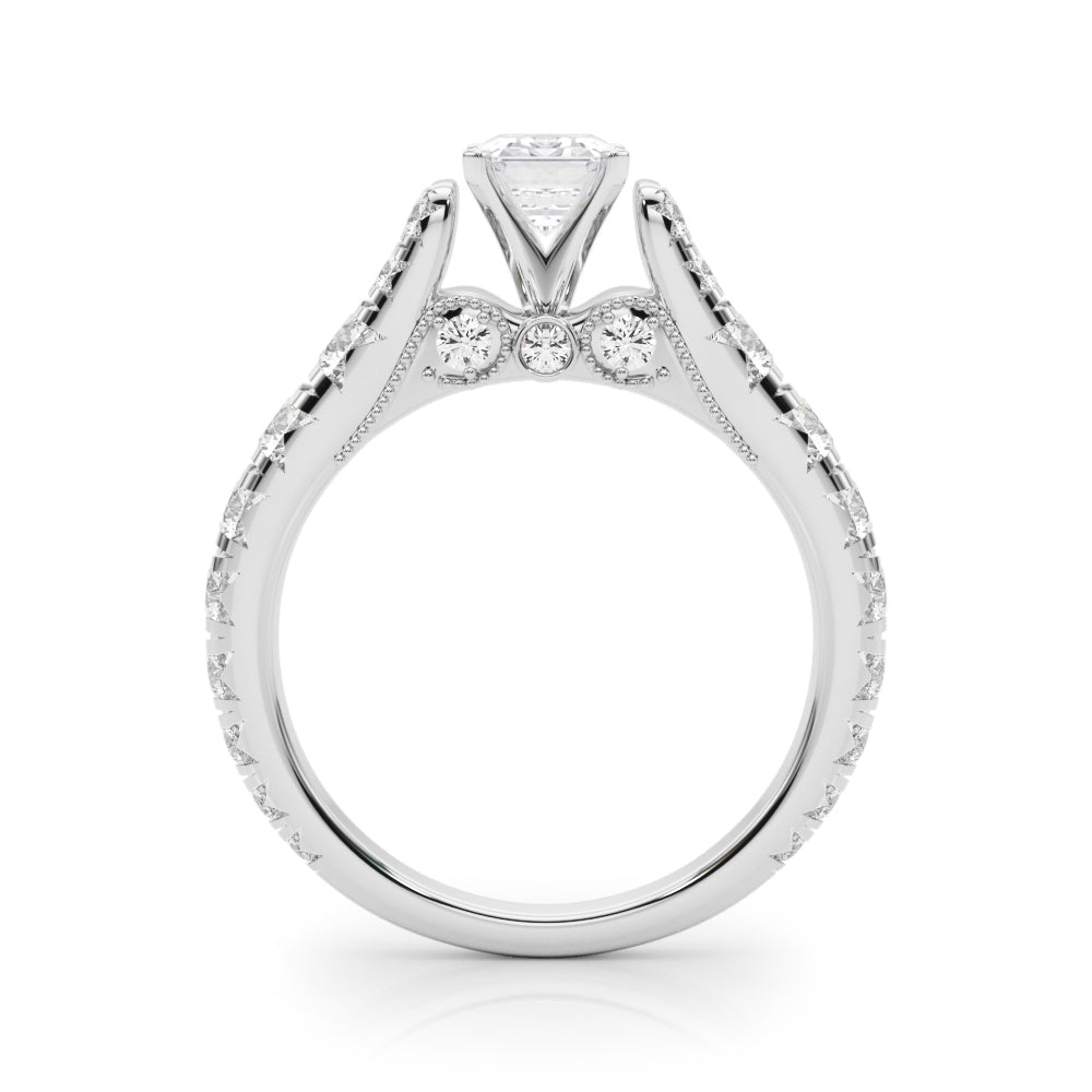 White gold Emerald Cut Diamond Pavé Band Solitaire with Four-Prong Setting