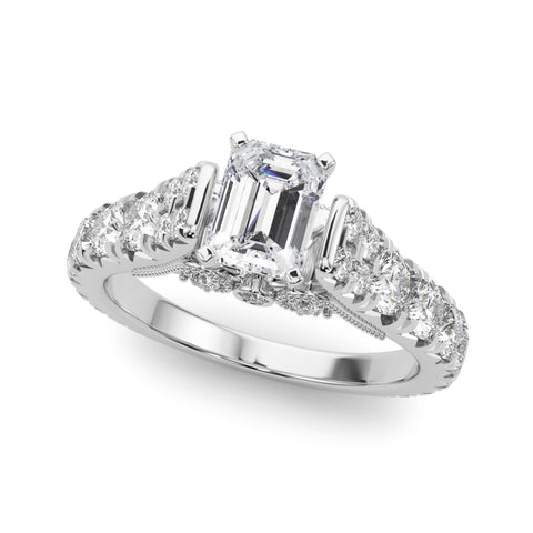 Silver Emerald Cut Diamond Pavé Band Solitaire with Four-Prong Setting