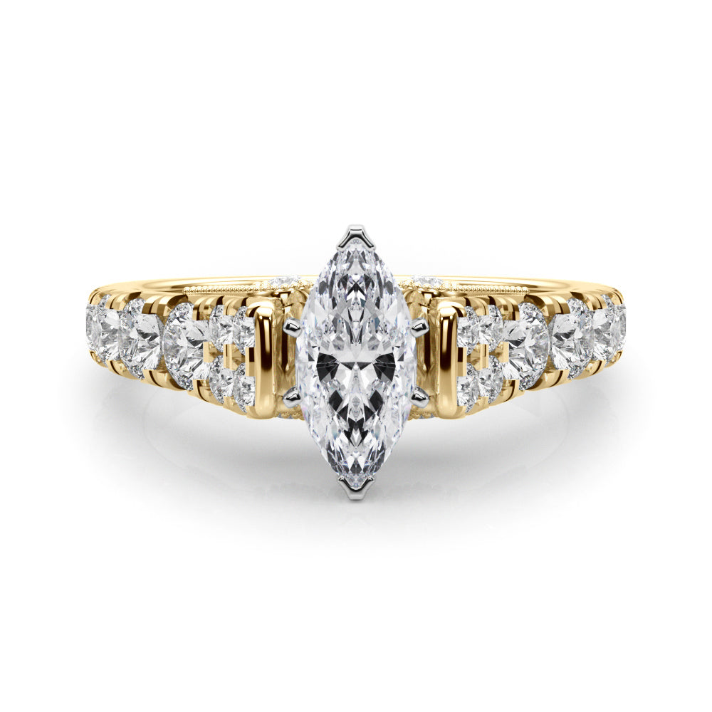 Yellow gold Marquise Cut Diamond Pavé Band Solitaire with Four-Prong Setting