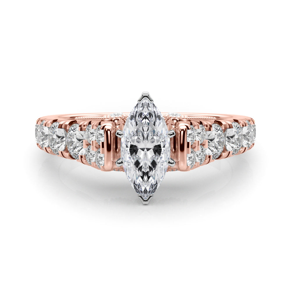 Rose gold Marquise Cut Diamond Pavé Band Solitaire with Four-Prong Setting