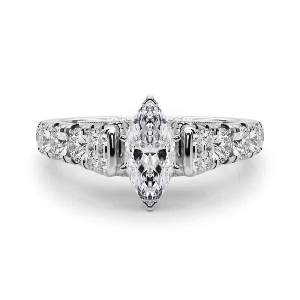 White gold Marquise Cut Diamond Pavé Band Solitaire with Four-Prong Setting