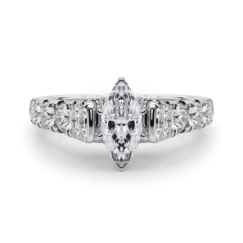 Silver Marquise Cut Diamond Pavé Band Solitaire with Four-Prong Setting