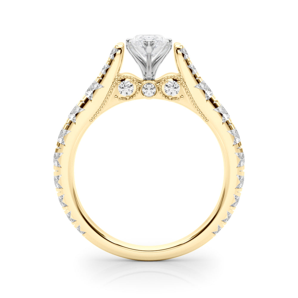 Yellow gold Marquise Cut Diamond Pavé Band Solitaire with Four-Prong Setting