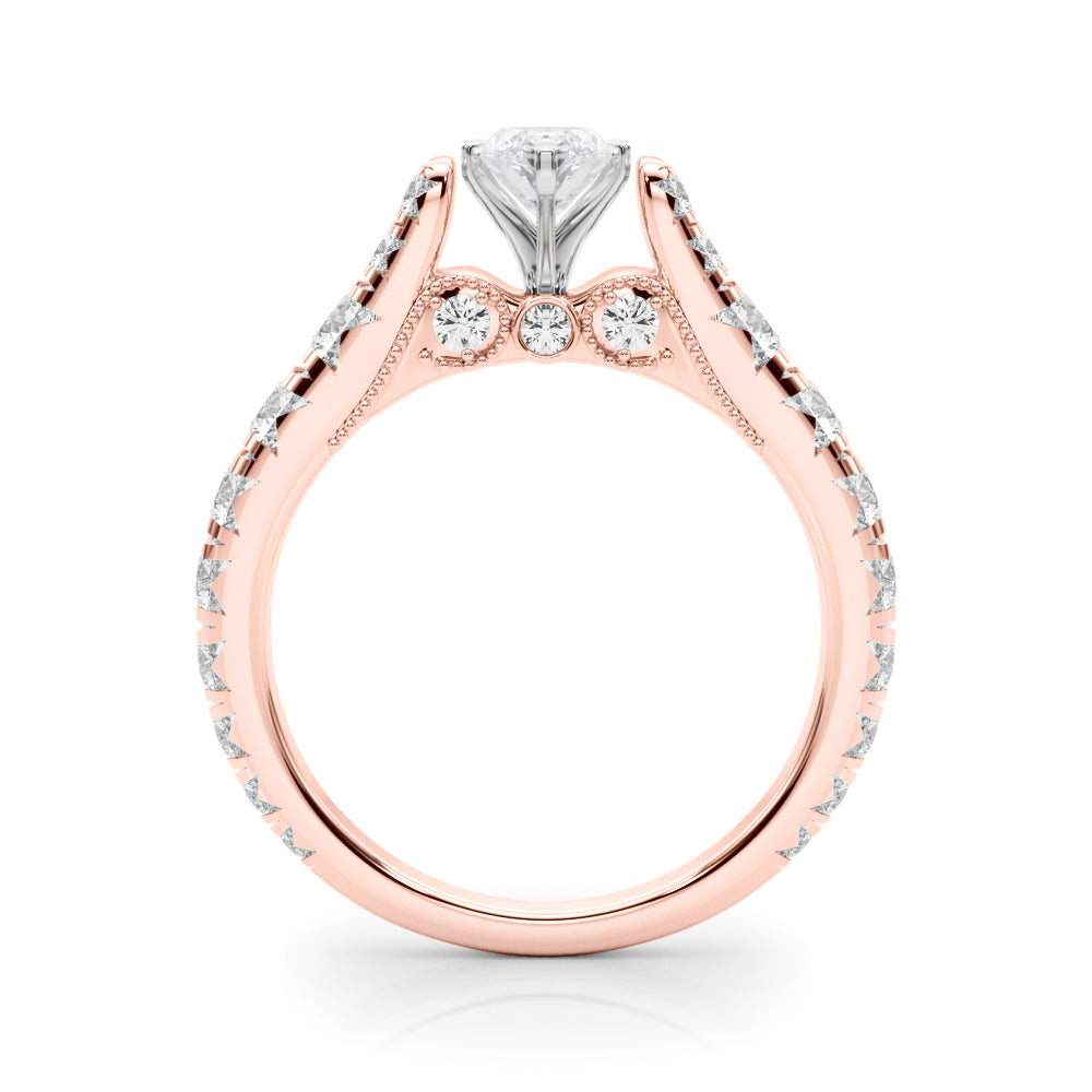 Rose gold Marquise Cut Diamond Pavé Band Solitaire with Four-Prong Setting