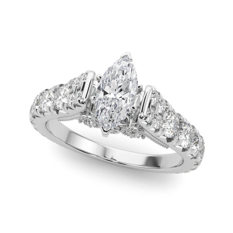 Platinum Marquise Cut Diamond Pavé Band Solitaire with Four-Prong Setting
