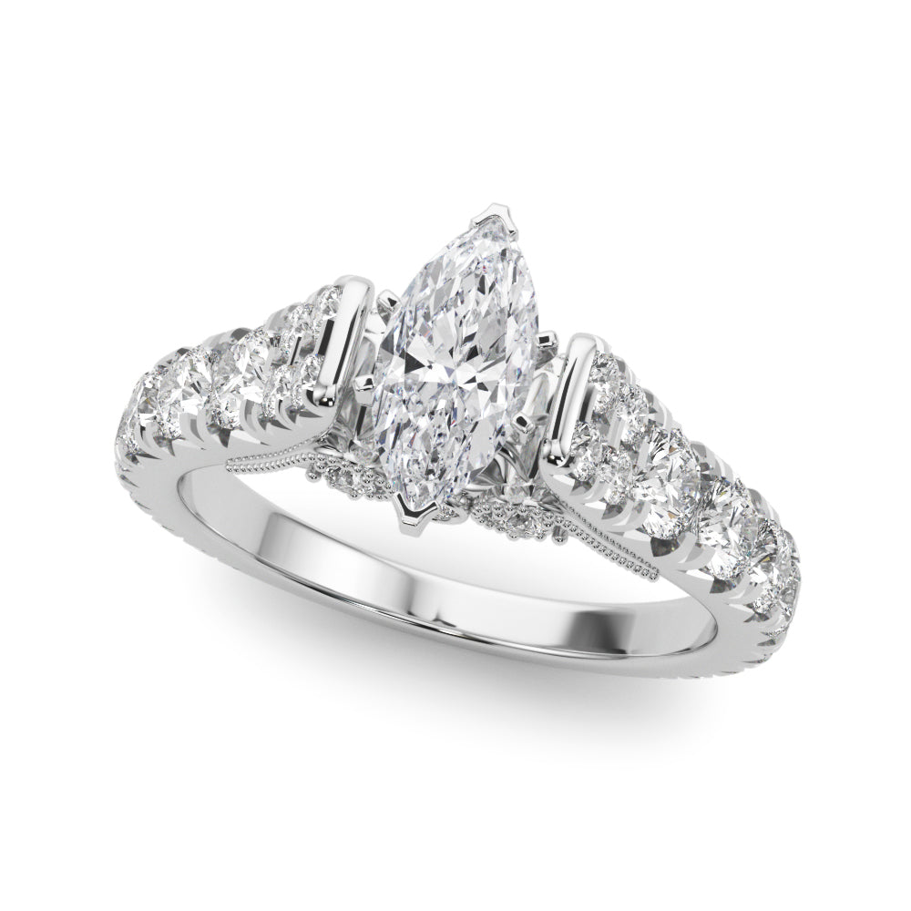White gold Marquise Cut Diamond Pavé Band Solitaire with Four-Prong Setting