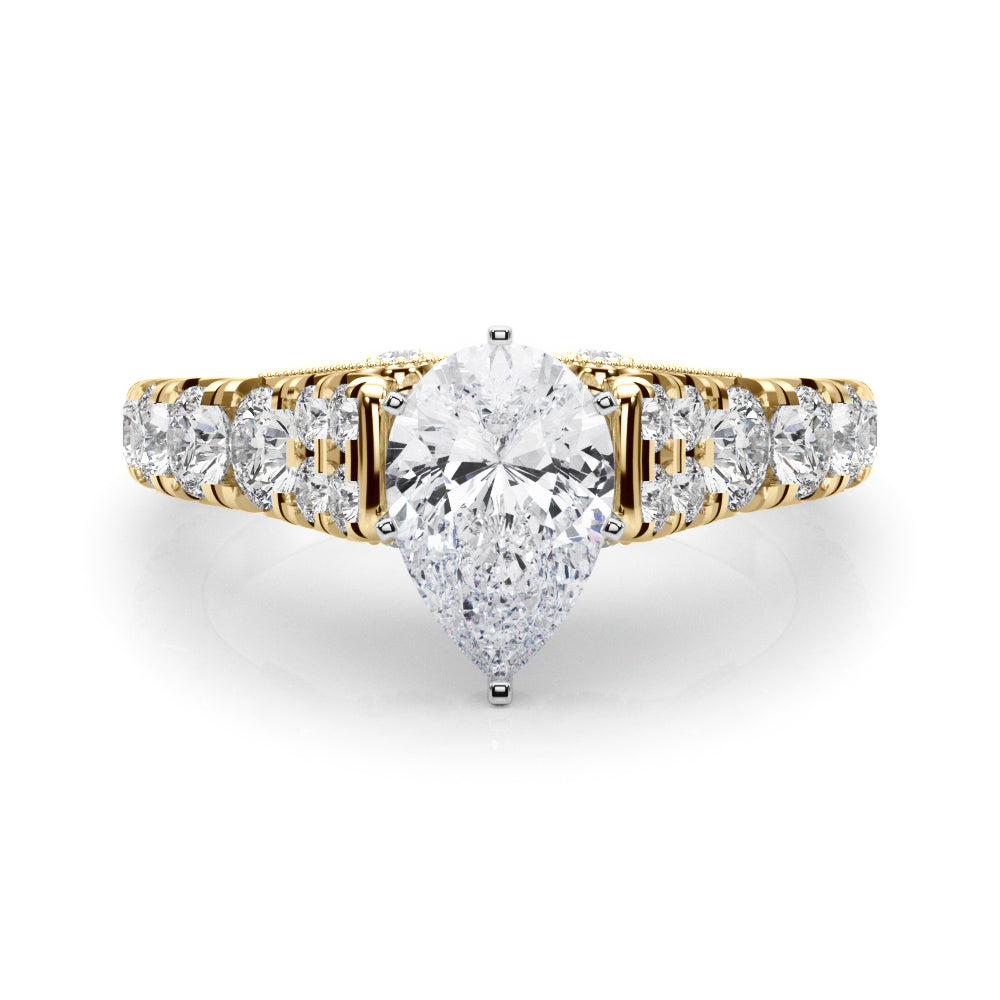 Yellow gold Pear Cut Diamond Pavé Band Solitaire with Four-Prong Setting