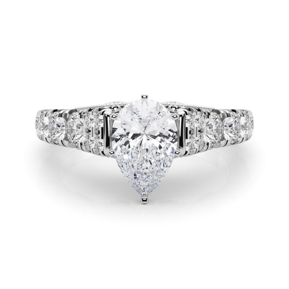 Platinum Pear Cut Diamond Pavé Band Solitaire with Four-Prong Setting