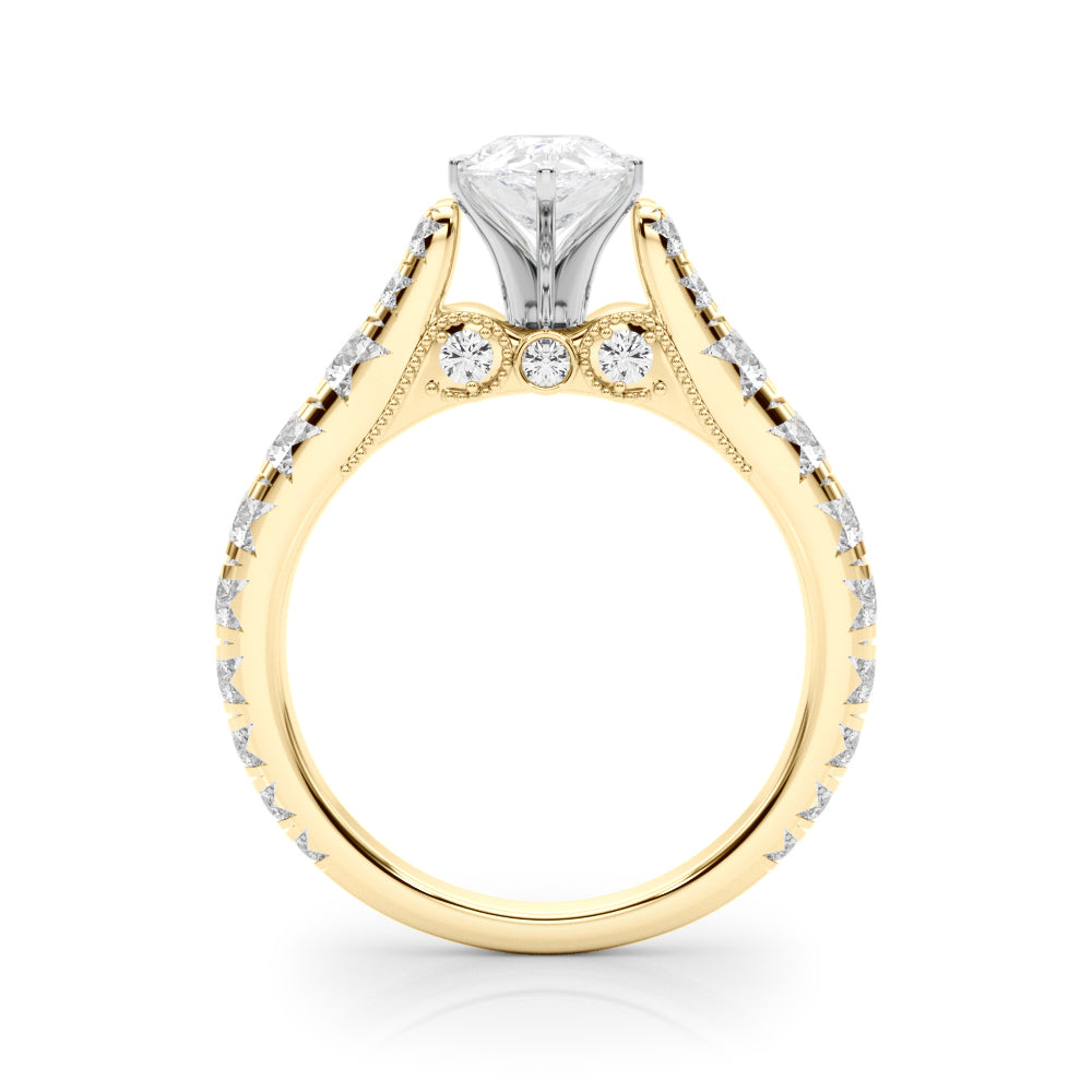 Yellow gold Pear Cut Diamond Pavé Band Solitaire with Four-Prong Setting
