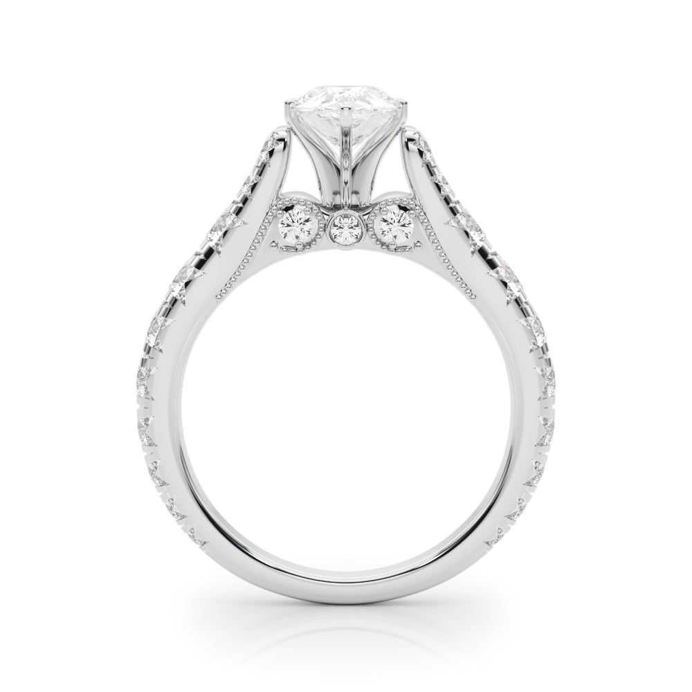 Silver Pear Cut Diamond Pavé Band Solitaire with Four-Prong Setting