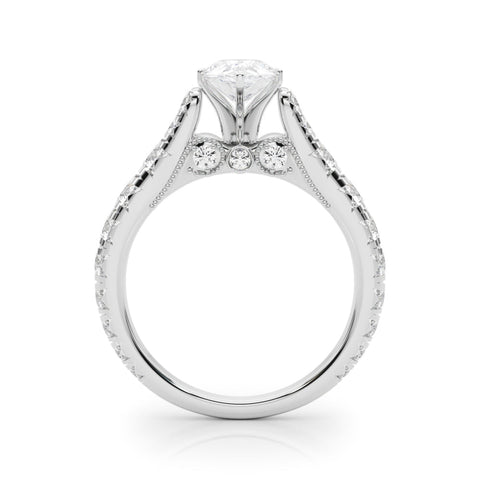 Silver Pear Cut Diamond Pavé Band Solitaire with Four-Prong Setting