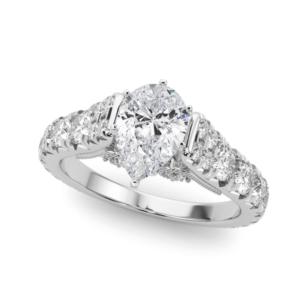 Platinum Pear Cut Diamond Pavé Band Solitaire with Four-Prong Setting