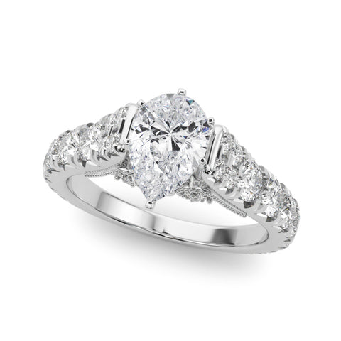 Silver Pear Cut Diamond Pavé Band Solitaire with Four-Prong Setting