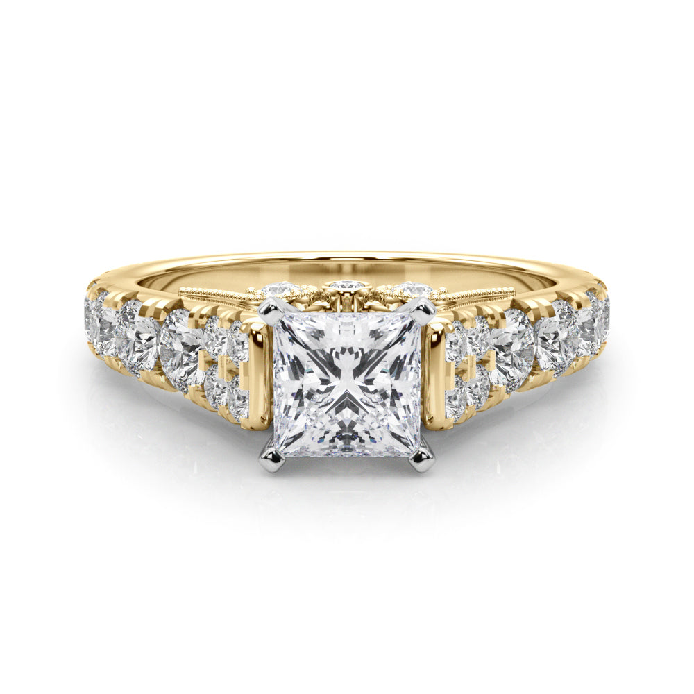 Yellow gold Princess Cut Diamond Pavé Band Solitaire with Four-Prong Setting