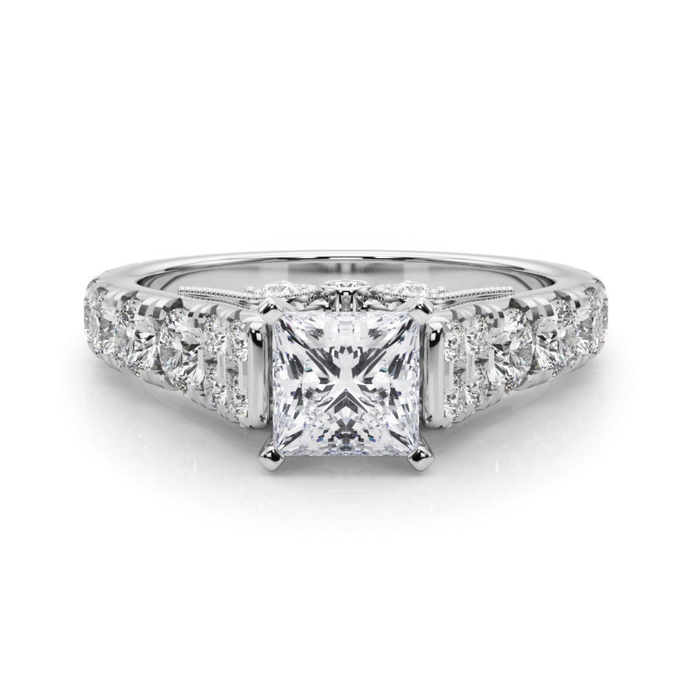 White gold Princess Cut Diamond Pavé Band Solitaire with Four-Prong Setting
