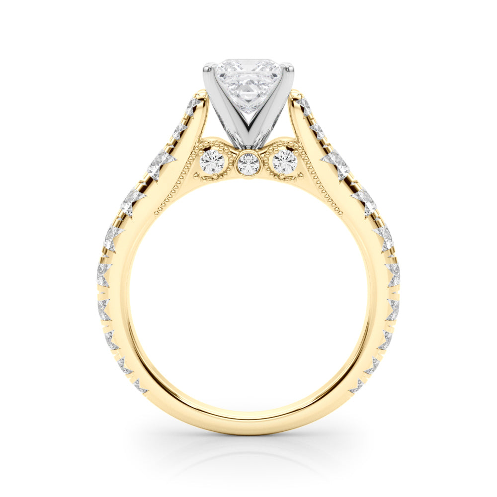 Yellow gold Princess Cut Diamond Pavé Band Solitaire with Four-Prong Setting
