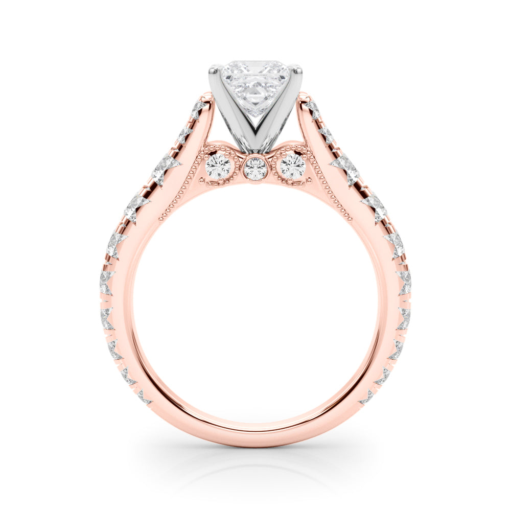 Rose gold Princess Cut Diamond Pavé Band Solitaire with Four-Prong Setting