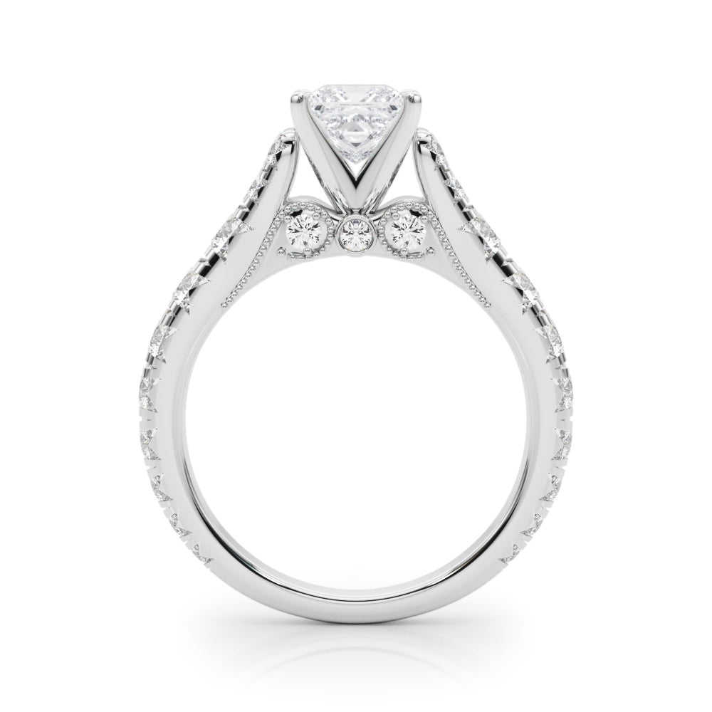 White gold Princess Cut Diamond Pavé Band Solitaire with Four-Prong Setting